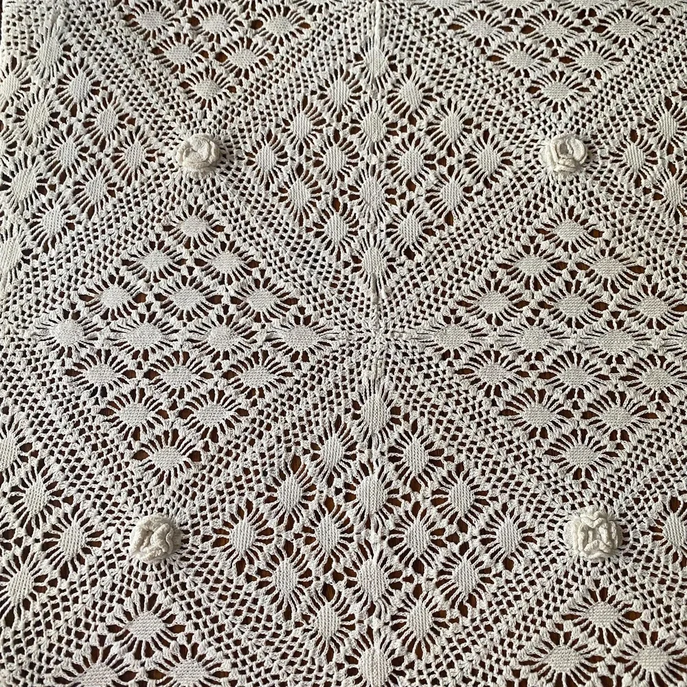 Vintage Handmade Crochet Tablecloth White Floral 3D Camelia Cottage Provence